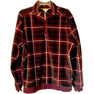 Frye and Co Sustainable Fleece Plaid Quarter Zip Top - Maroon/Black/White - L